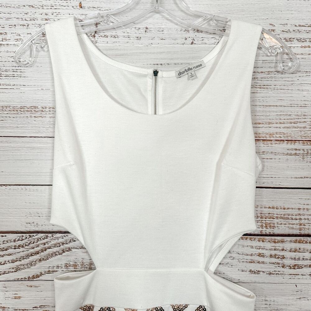 Charlotte Russe Ivory Cut Out Side Dress with Rose Gold Sequins, GUC, Small - Picture 2 of 9